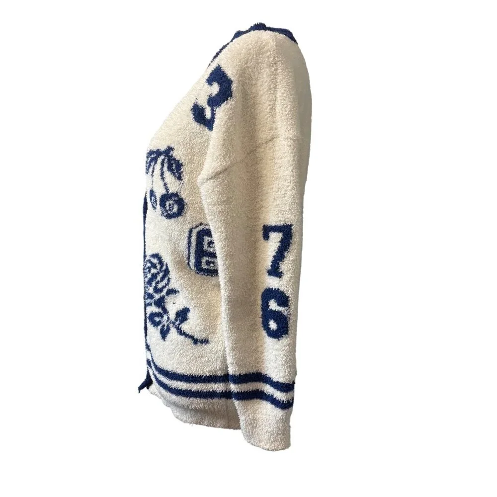 Novelty Boucle Knit Cardigan Cream/Navy Preppy Academia Sweater Forever 21 Sz S